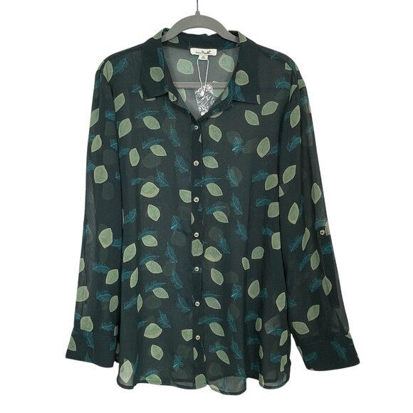 NWT Simply Noelle Sheer Button Down Tab-Sleeve Leaf Blouse Midnight Blue Sz XXL - Picture 13 of 14